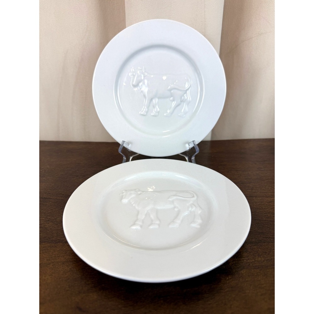 BonJour Set of TWO (2) Farm Animal 7"‎ Cow Salad Plates White Stoneware